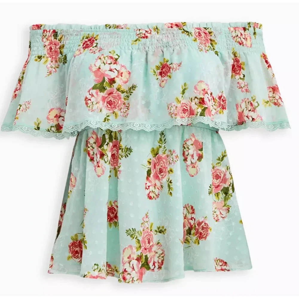 Torrid Off Shoulder Sheer Lace Swiss Dot Top Plus Size 2 2X Green Pink Boho Chic - Picture 8 of 10